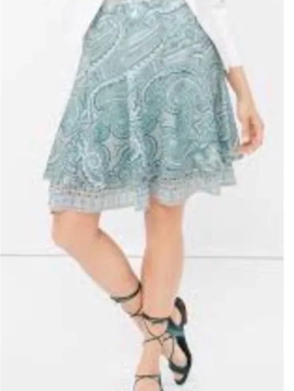 White House Black Market Petite Paisley Tiered A-Line Skirt 6P Mint Green Cream